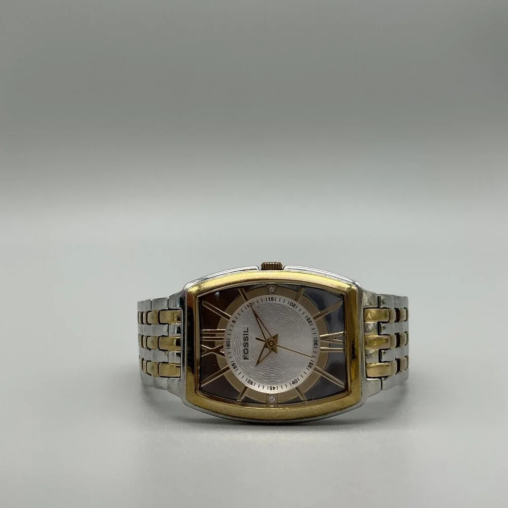 Fossil F2 ES-1414 Womens Watch 27mm Silver Gold Tone Stainless New Battery 6.75